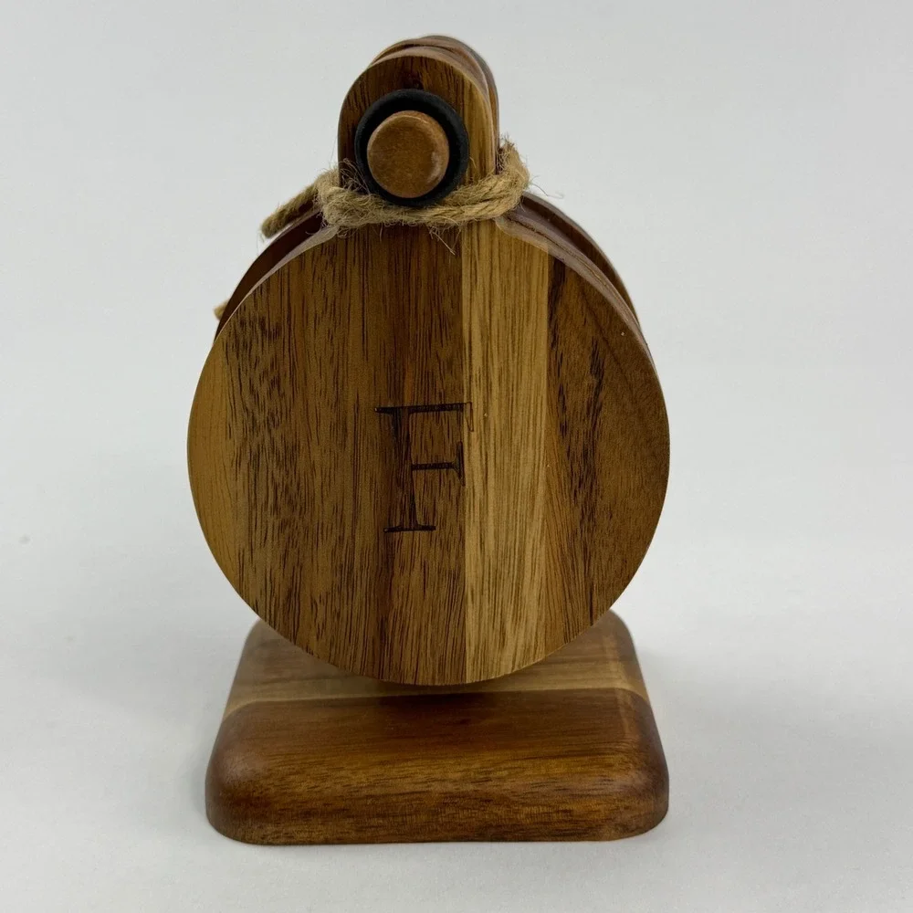 Monogrammed Letter F Acacia Wood Coaster Set with Vertical Stand 5 Piece Rustic